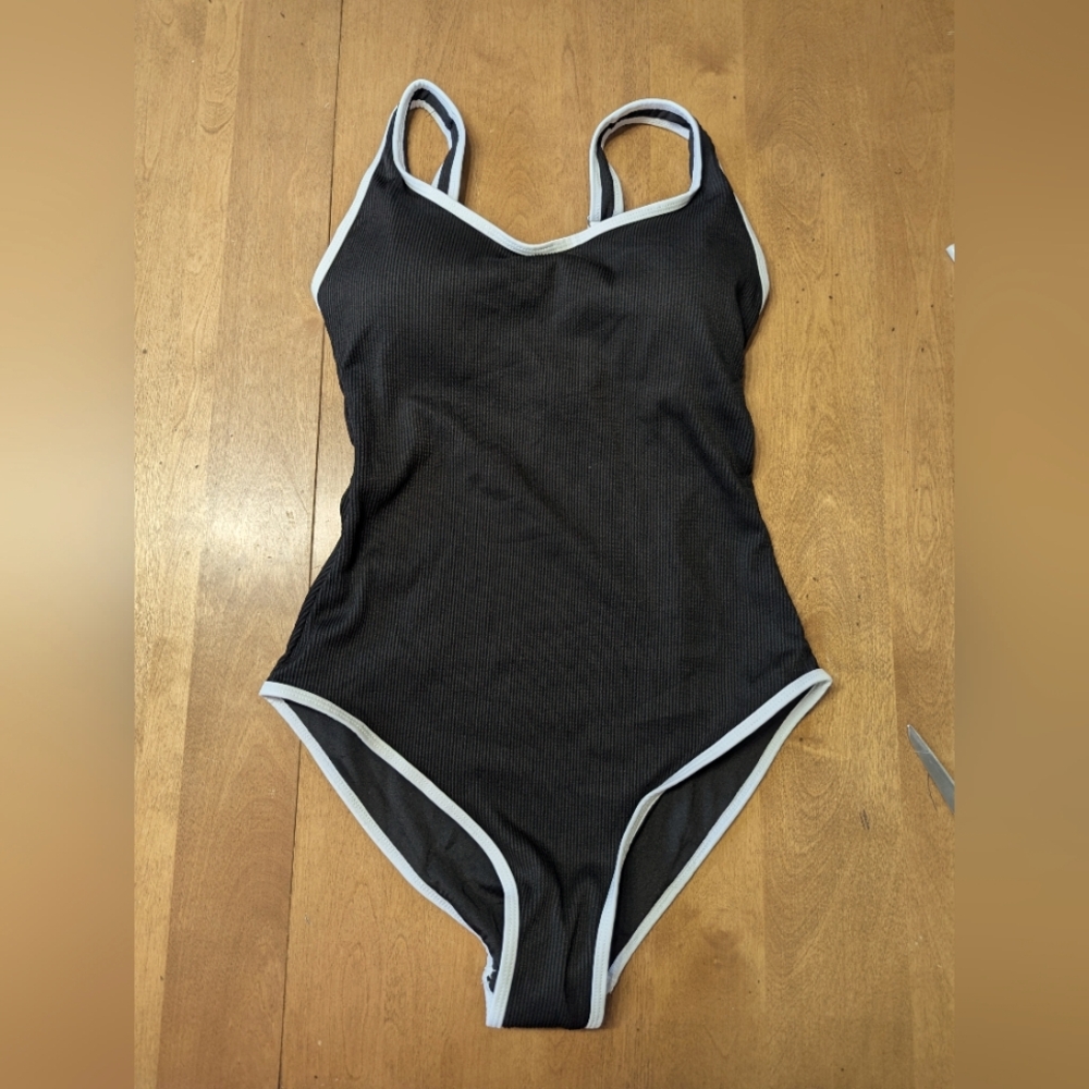 3/$14 Black One-Piece Swimsuit with White Trim